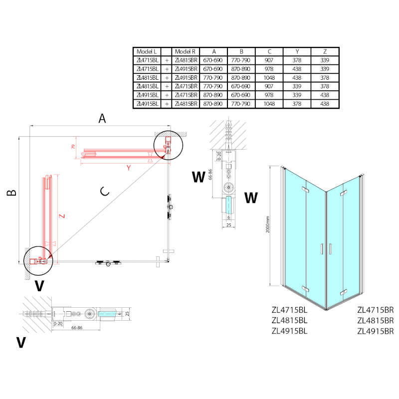 ZOOM BLACK sprchové dveře skládací 700mm, čiré sklo, pravé ZL4715BR