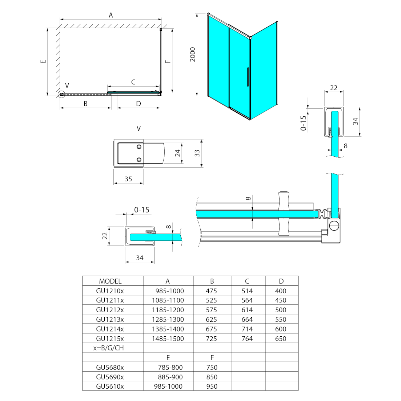 LUXOR GOLD MATT boční stěna 800mm, čiré sklo GU5680G