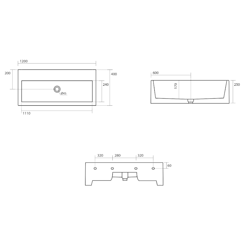 KANAAL keramické umyvadlo 120x40cm, černá mat 574231