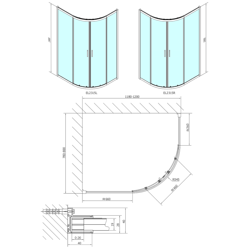 EASY čtvrtkruhová sprchová zástěna 1200x800mm, L/R, čiré sklo EL2315