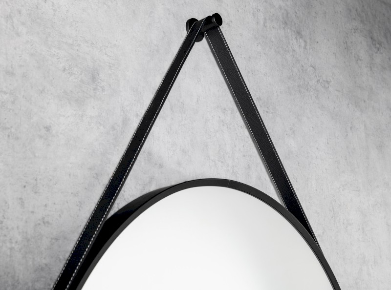 STAGO kulaté zrcadlo ø 60cm, kožený pásek, černá mat SG065