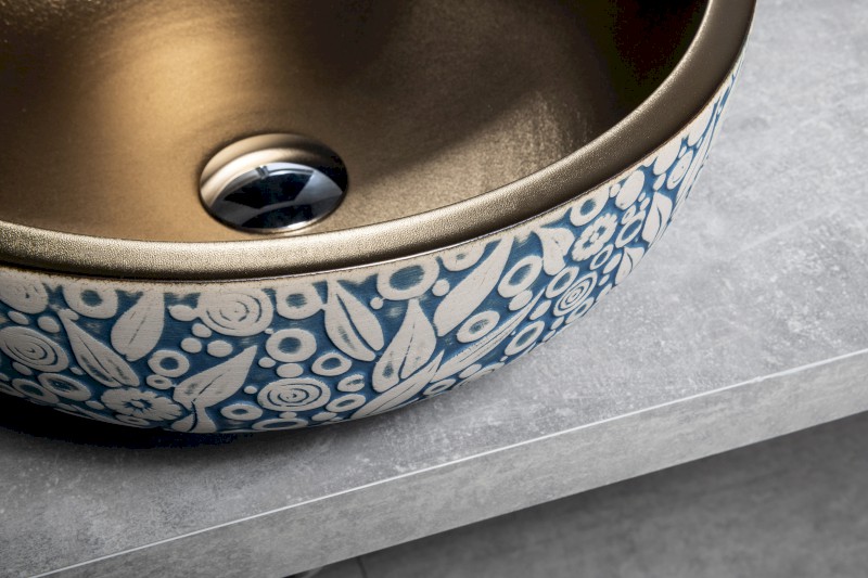 PRIORI keramické umyvadlo na desku, Ø 41 cm, měď/modrá se vzorem PI037