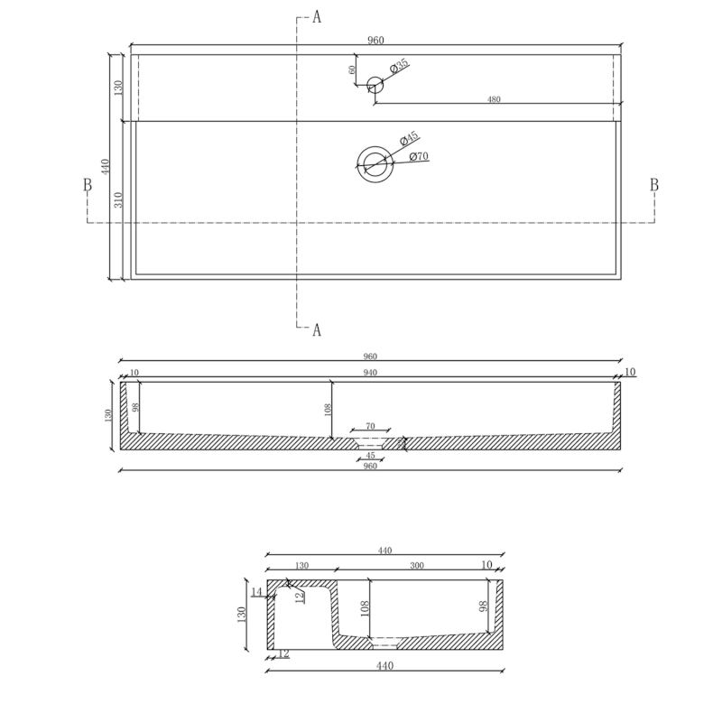 QUADRADO betonové umyvadlo včetně výpusti, 96x44cm, černý granit AR466