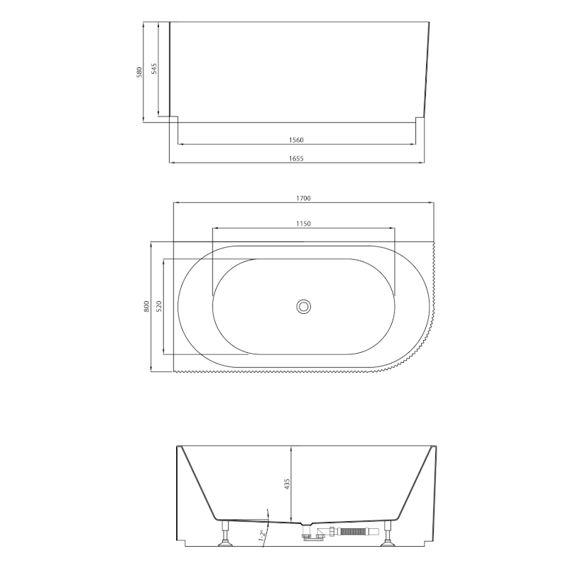 TIBERA STRIP L rohová stojící vana, 170x80cm, bílá E1026G