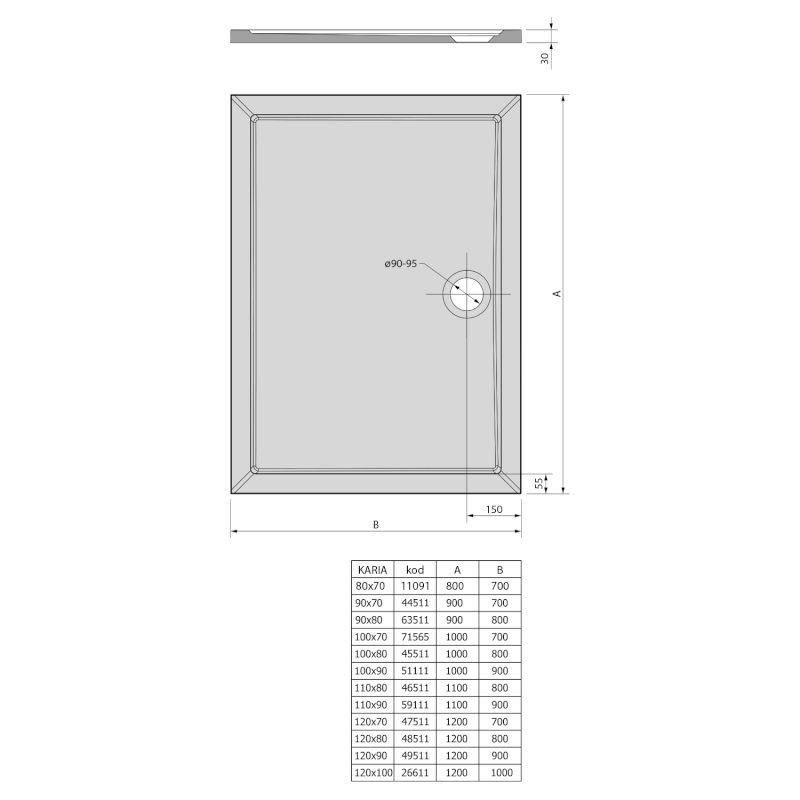 KARIA sprchová vanička z litého mramoru, obdélník 90x80cm, bílá 63511