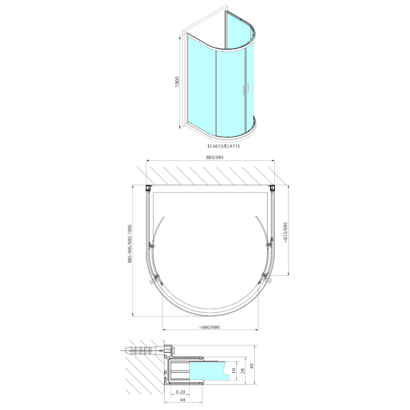 EASY půlkruhová sprchová zástěna 900x900mm, čiré sklo EL4615