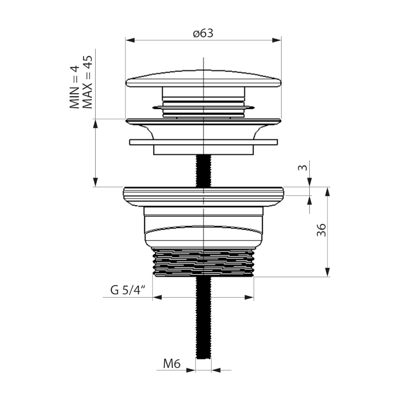Umyvadlová výpust 5/4“, click-clack, velká zátka, 4-45mm, ABS/bílá 151.308.0