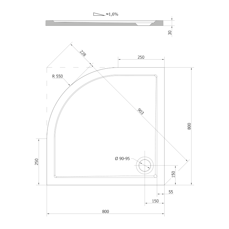 SERA sprchová vanička z litého mramoru, čtvrtkruh 80x80cm, R550, bílá 40511