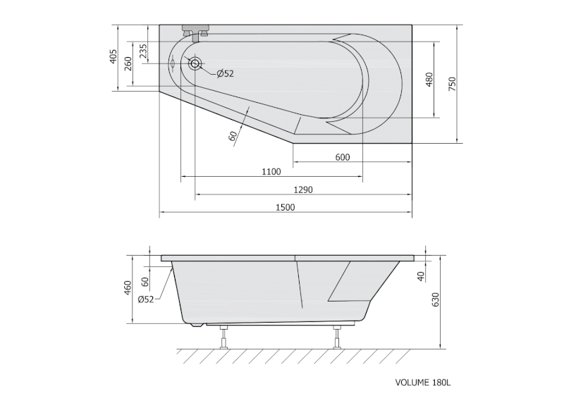 TIGRA R asymetrická vana 150x75x46cm, bílá 72933