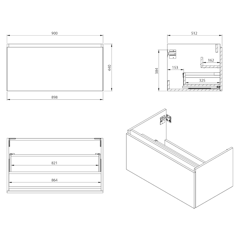 LOREA umyvadlová skříňka 90x44x51,2cm, 1x zásuvka, dub collingwood/černá mat LE090-1935