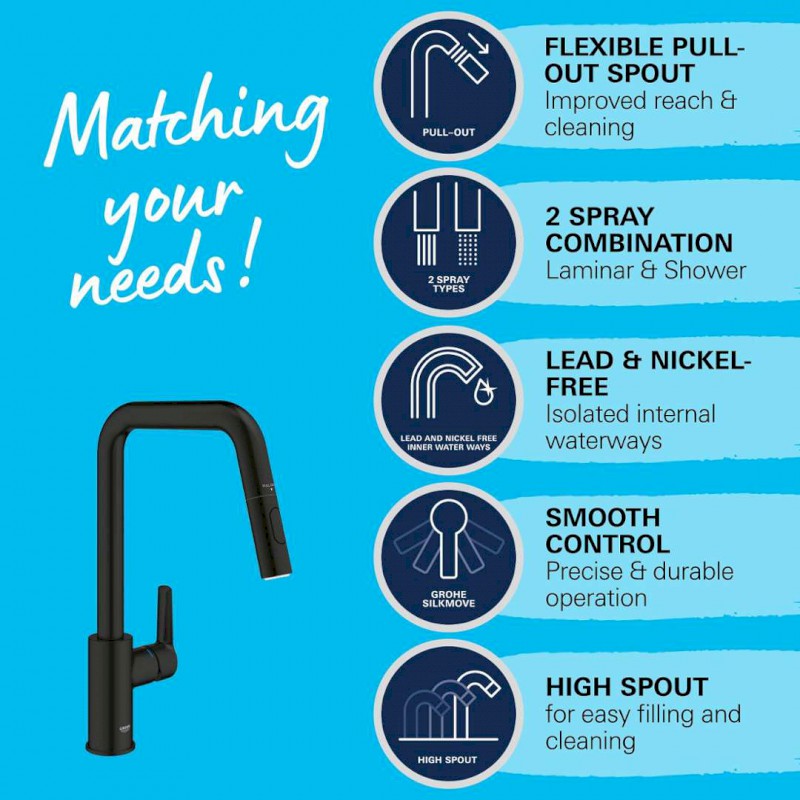 QuickFix Start Dřezová baterie s výsuvnou sprškou, matná černá GROHE 306312430