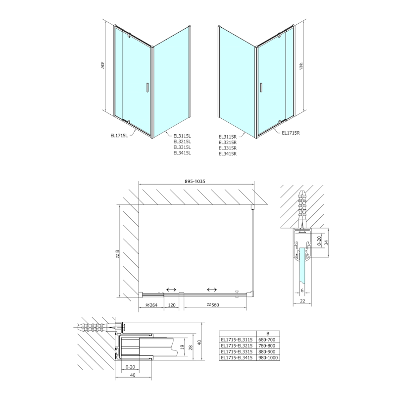 EASY sprchové dveře otočné 880-1020mm, čiré sklo EL1715