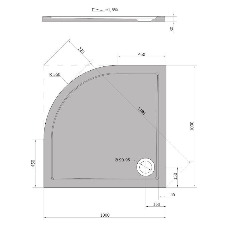 SERA sprchová vanička z litého mramoru, čtvrtkruh 100x100cm, R550, bílá 62111