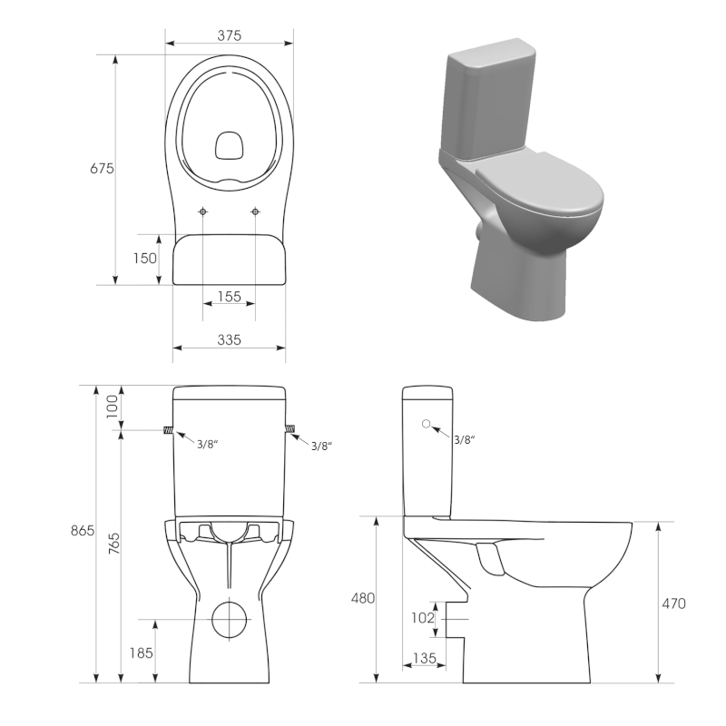 HANDICAP WC kombi zvýšený sedák, Rimless, zadní odpad, bílá K11-0221